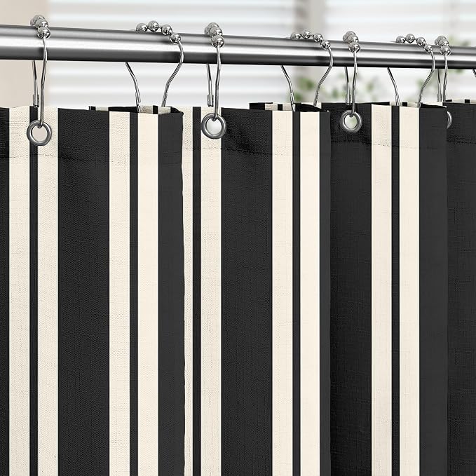 Tititex Cute Candy Cane Striped 140gsm Faux Linen Fabric Shower Curtain, Elegant Classic Black Beige Shower Curtain Sets Decoration 72x84 Inch with Hooks