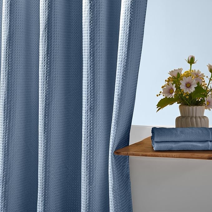 River Dream Waffle No Hook Shower Curtain with Liner,Moonlight Blue,71x74 | Dotted Waffle,Snap-in Liner,Heavy Duty,Quick Dry,Mesh Top Window,With Bottom Magnets,Hotel-Grade,Washable,Standard Size