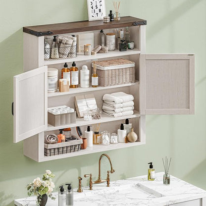 Bathroom Wall Cabinet, Farmhouse Medicine Cabinet with Adjustable Shelves and 2 Barn Doors, Wall Mounted Over the Toilet Storage Cabinet for Bathroom, Laundry Room, Kitchen, Rustic White and Brown