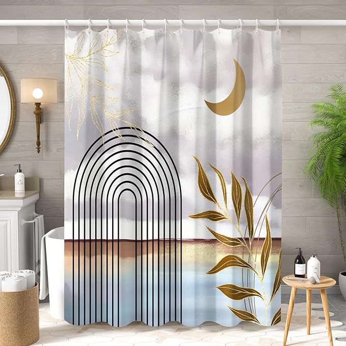 Mid Century Boho Shower Curtain Abstract Modern Minimalist Geometric Arch Bathroom Curtain Gold Leaves Aesthetic Waterproof Bath Decor Polyester Fabric with Hooks 60x72 inch