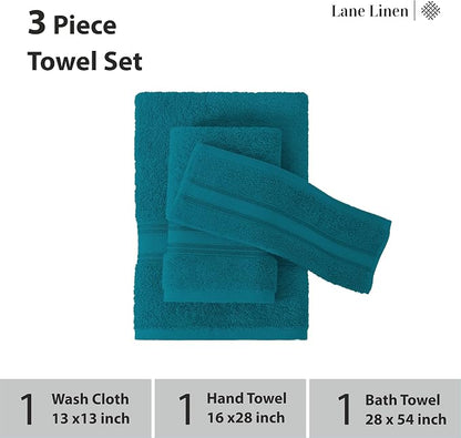 LANE LINEN Bath Towel Set 100% Cotton 3 Piece Soft Absorbent - Sea Port | Cotton Towel Set - Densely Woven, Coordinated Colors, Dobby Border Accent, OEKO-TEX Certified, Zero-Twist Durability