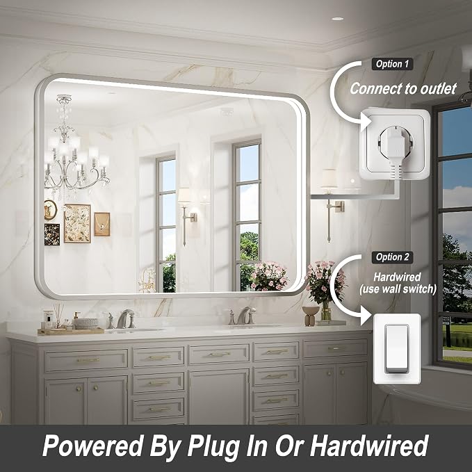 40x30 Inch LED Mirror for Bathroom,Brushed Silver Metal Frame | ETL Listed Anti-Fog,Dimmable,Horizontal & Vertical,Wall Mounted,Memory Function,Ideal for Bathroom,Vanity