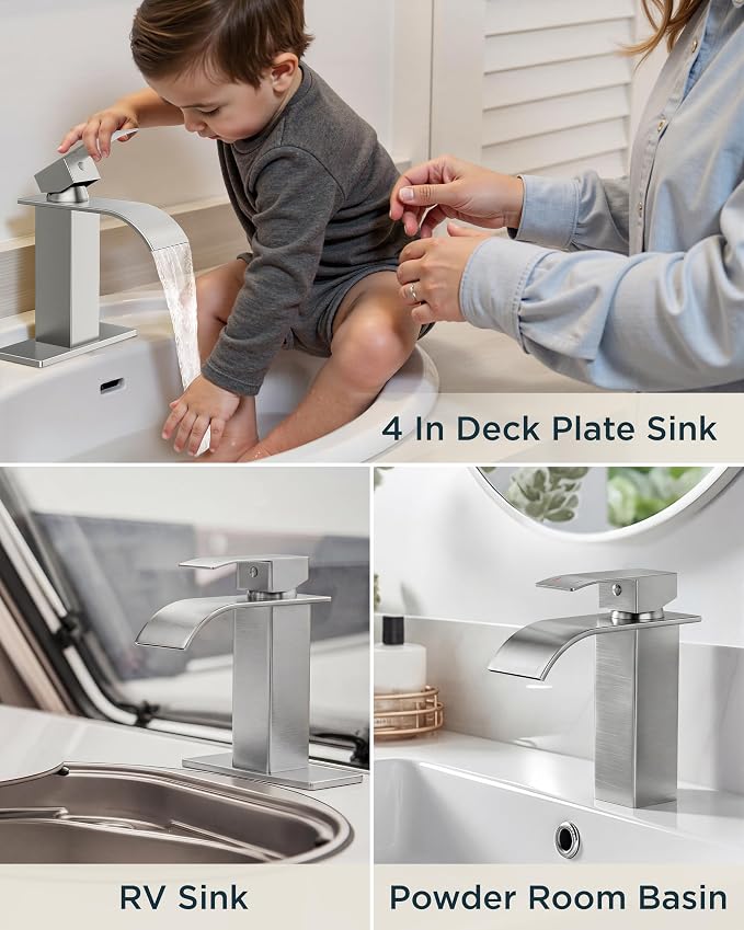 FORIOUS Bathroom Faucet 1 Hole, Waterfall Vanity Sink Faucet Brushed Nickel | Bathroom Sink Faucet 1 or 3 Hole, Square Single Handle with 24" cUPC Supply Line and Pop-up Drain, Fits RV Restroom Basin