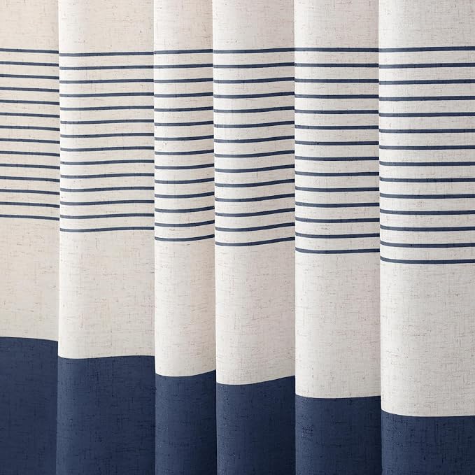 Navy Blue Coastal Ocean Linen Striped Shower Curtain with Tassel 72W X 78L | Long Boho Farmhouse Shower Curtains with Linen Texture for Bathroom Decor