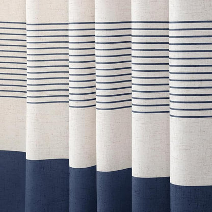 Navy Blue Coastal Ocean Linen Striped Shower Curtain with Tassel 72W X 78L | Long Boho Farmhouse Shower Curtains with Linen Texture for Bathroom Decor