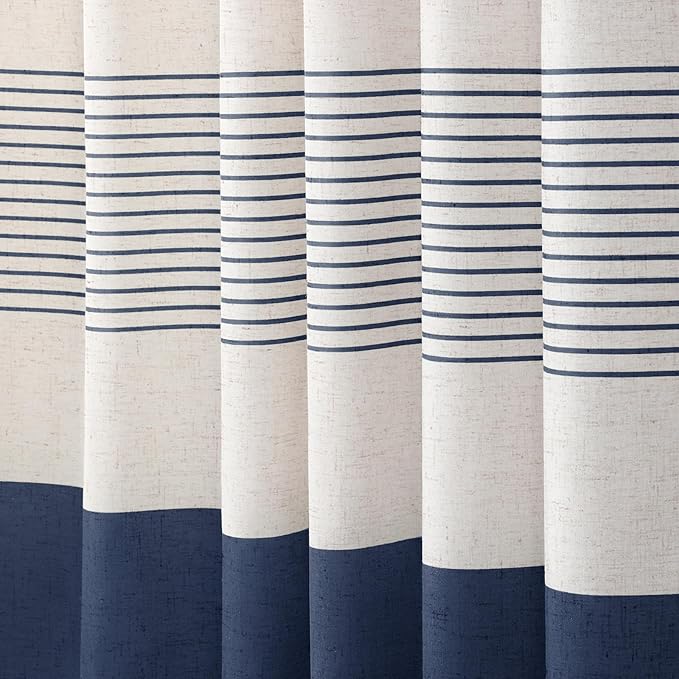 Navy Blue Coastal Ocean Linen Striped Shower Curtain with Tassel 72W X 72L | Boho Farmhouse Shower Curtains with Linen Texture for Bathroom Decor
