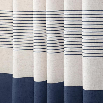 Navy Blue Coastal Ocean Linen Striped Shower Curtain with Tassel 72W X 72L | Boho Farmhouse Shower Curtains with Linen Texture for Bathroom Decor