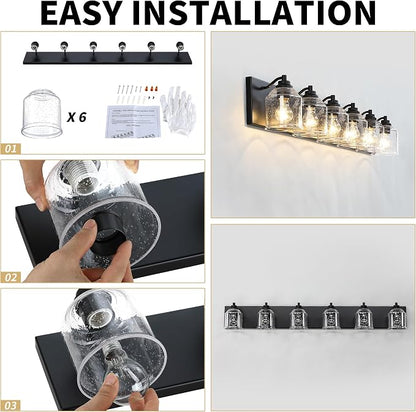 6-Light Bathroom Vanity Lights Large 48in with Bubble Glass Shades | Farmhouse Rustic style, Matte Black Metal Base, E26 Ceramic Socket, UL&ETL Listed, Up&Down Mountable, Hardwired, over Mirror