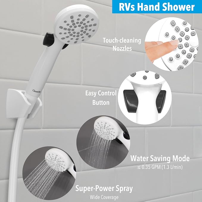 RV Shower Head with Hose and On Off Switch (Trickle), Water Saving High Pressure Shower Head with Hose Guide Ring, Shower Holder for RV, Camper, Van, Travel Trailer, Motorhome, Boat, White