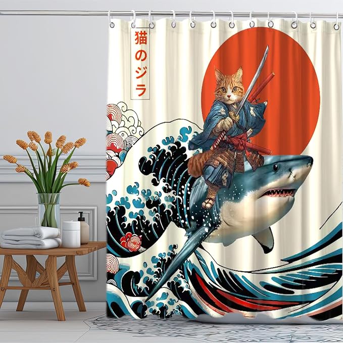 Funny Japanese Cat Shower Curtain, Cat Riding Shark Japan Anime Ocean Wave Waterproof Shower Curtain with Hooks, Funky Animal Sun Fabric Shower Curtains Kids Bathroom Decor 72X72inches