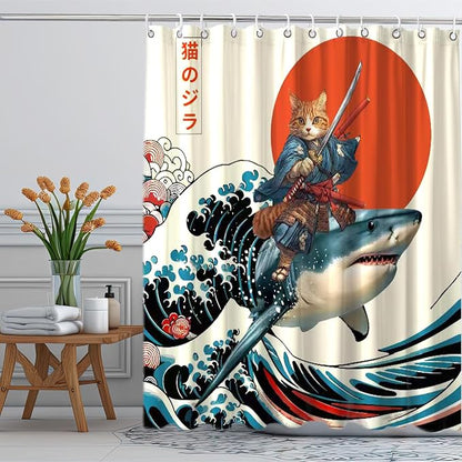 Funny Japanese Cat Shower Curtain, Cat Riding Shark Japan Anime Ocean Wave Waterproof Shower Curtain with Hooks, Funky Animal Sun Fabric Shower Curtains Kids Bathroom Decor 72X72inches