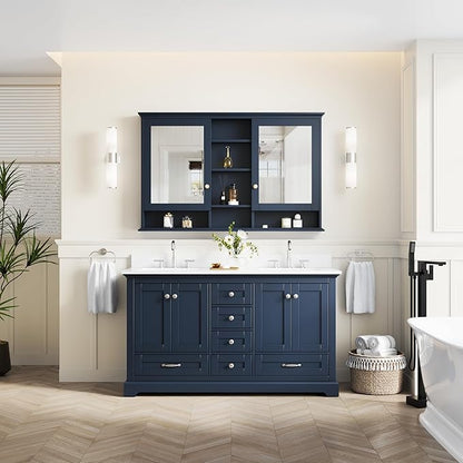 WELLFOR 60" Bathroom Vanity with Double Sinks, Bathroom Freestanding Vanity W/4 Soft-Close Doors and 6 Drawers, Large Storage Space Vanity, Bathroom Vanity with Cultured Marble Countertop (Navy Blue)