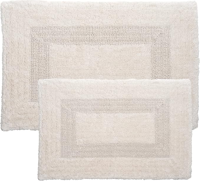 Bedford Home Bathroom Rugs Set (67A-01677) - 2-Piece Cotton Bathroom Mat Set, Machine Washable Standard & Large Bath Mats for Washroom, Kitchen, or Laundry Room (Ivory)