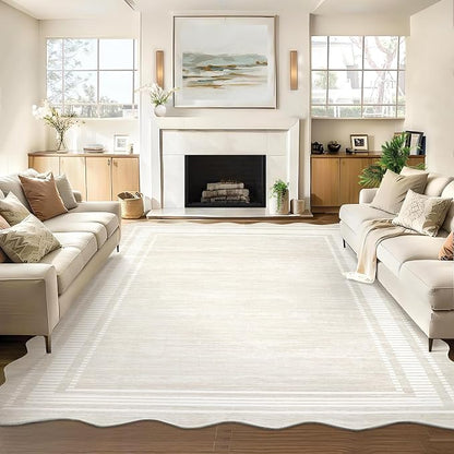 GarveeHome Washable Scalloped Rug 10x13 Area Rugs, Modern Neutral Living Room Rugs, Large Washable Solid Farmhouse Carpet Abstract Bordered Carpet for Bedroom Apartment Table Dorm Nursery, Cream