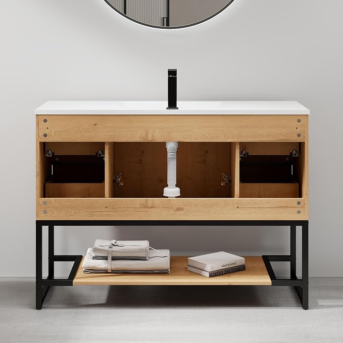 LUCKWIND 48" Modern Bathroom Vanity with Single White Sink Combo, Freestanding Storage Cabinet with Metal Frame, Matte Black Faucet and Open Shelf and 2 Soft-Closing Door, Natural