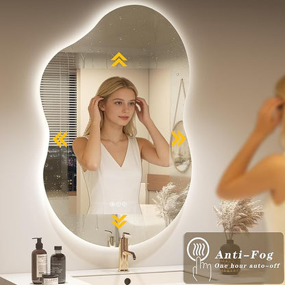 OKPAL Irregular Backlit Bathroom Mirror with Lights 20 x 36, Asymmetrical Cloud Led Lighted Vanity Mirror for Wall, Anit-Fog, Dimmable, Memory Function (Horizontal/Vertical)