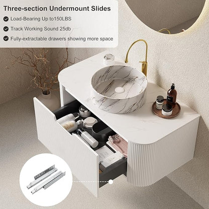36" Floating Bathroom Vanity with Sink, Modern Bathroom Cabinet with Ultra-Thin Ceramic Basin and Marble Top, Large Storage Drawer, Soft-Close Design, White
