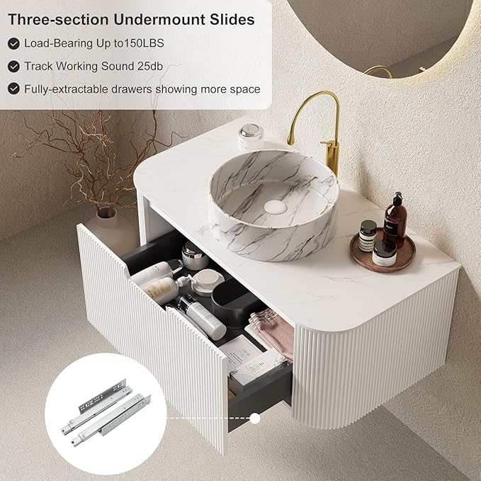 24" Floating Bathroom Vanity with Sink, Modern Bathroom Cabinet with Ultra-Thin Ceramic Basin and Marble Top, Extra Large Storage Drawer, Soft-Close Design, White