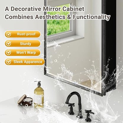 16x24 Pre-Assembled Black Medicine Cabinet with Mirror, Surface or Recessed Medicine Cabinet Mirror for Bathroom, Aluminum Beveled Frame Bathroom Vanity Mirror with Adjustable Shelves Storage