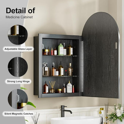 Recessed Medicine Cabinet for Bathroom,Brushed Black Arched Medicine Cabinet with Mirror,Arch Mirrored Medicine Cabinets Recessed,Bathroom Mirror with Storage,Open from Left to Right 20x30