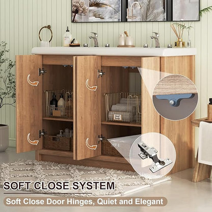 48 Inch Bathroom Vanity with Double Sink, Modern Thickened Wood Bathroom Storage Cabinet, Freestanding Storage Bathroom Vanity with 4 Doors, Nature Wood