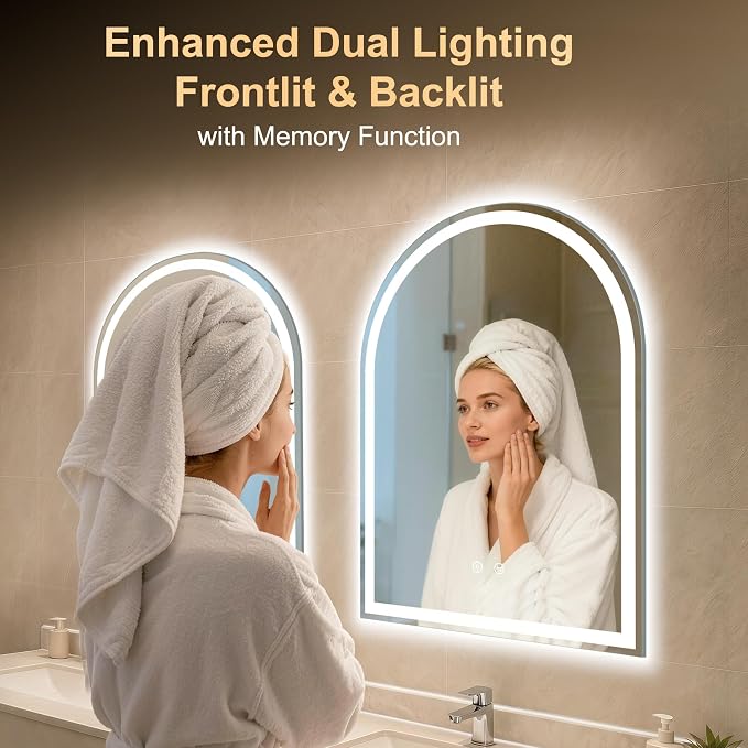 Arched LED Lighted Bathroom Mirror with Lights 24"x32"Smart Anti-Fog | Dimmable 3 Color Modes, Backlit and Front Lit, Memory Function, HD Tempered Glass, Touch Sensor