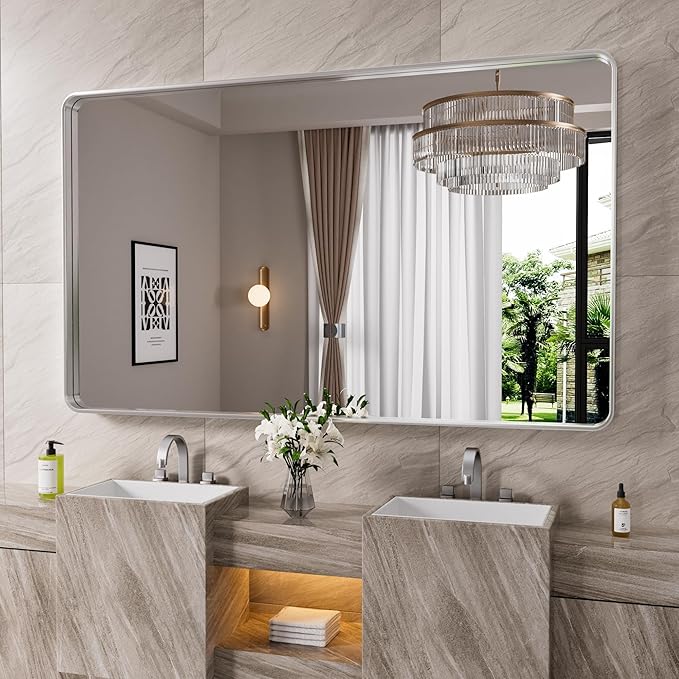 Brushed Nickel Bathroom Mirror 72x36 Inch, Brushed Silver Metal Frame Mirror Wall Mounted, Rounded Rectangle Bathroom Vanity Mirror, Tempered Glass, Anti-Rust, Horizontal/Vertical