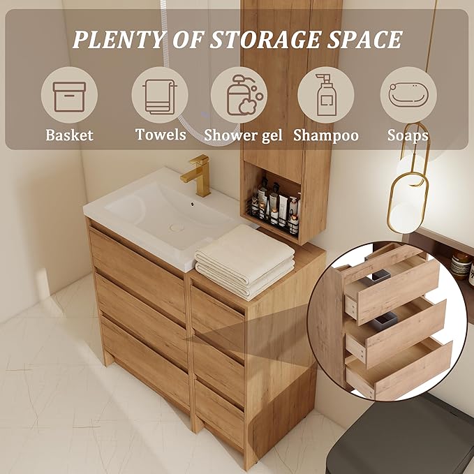 36" Bathroom Vanity Set, 36 Inch Modern Freestanding Vanity with Wall-Mounted Side Cabinet and 6 Drawers, Single Resin Sink Floor Stand Cabinet Set Imitative Oak（J24+E12B+B12A）