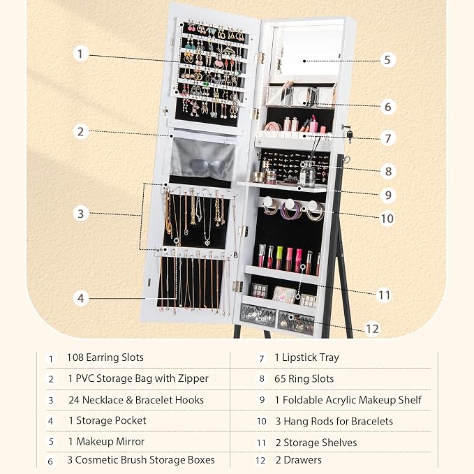 CHARMAID Standing Jewelry Armoire with Full Length Mirror, Lockable Jewelry Cabinet Organizer with Lights, 3 Lighting Modes, Foldable Makeup Tray, Storage Drawers & Shelves (White)