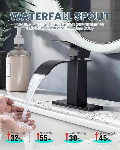 ARCORA Waterfall Bathroom Faucet Matte Black Faucet for Bathroom Sink Single Handle Mixer Tap Lavatory Vanity Faucet with Deck Plate and Pop Up Drain, 1 or 3 Hole