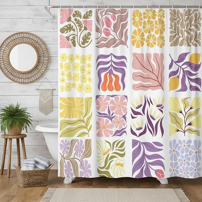 JAWO Cute Boho Floral Shower Curtain, Vintage Colorful Abstract Floral Retro Aesthetic Plant Shower Curtain for Bathroom, Funky Unique Purple Waterproof Fabric Polyester Bath Curtains Decor,47Wx64H