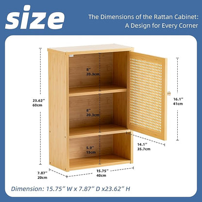 HITNET Bathroom Wall Cabinet, Rattan Medicine Cabinet, Bamboo Hanging Storage Organizer Over The Toilet with Adjustable Shelf for Living Room, Kitchen, Hallway(Natural)