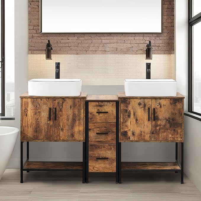 UEV Rustic Brown 60" Double Bathroom Vanity with Sink Combo,Industrial Iron Frame 2 Main Bathroom Vanity with Middle 3 Drawers Cabinet,Modern Artistic Ceramic Vessel Sink(031WH)