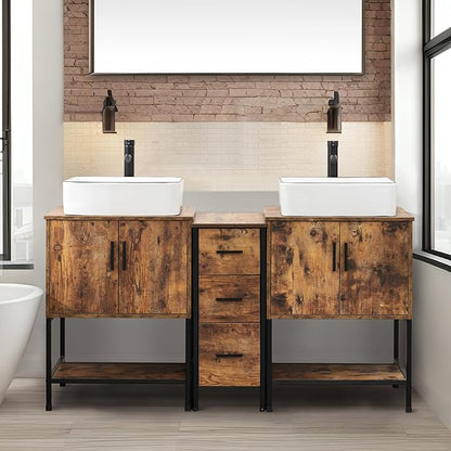 UEV Rustic Brown 60" Double Bathroom Vanity with Sink Combo,Industrial Iron Frame 2 Main Bathroom Vanity with Middle 3 Drawers Cabinet,Modern Artistic Ceramic Vessel Sink(031WH)