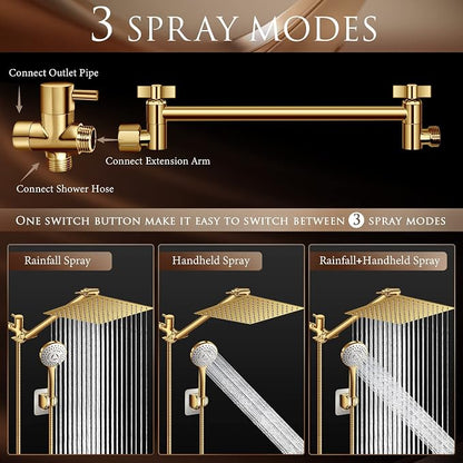 10" Gold Shower Head with Handheld, 5 Spray Handheld with 11" Extension Arm | High Pressure Rainfall Shower Head/Handheld Shower Combo with Adjustable Arm, 60" Hose Anti-leak (Gold)