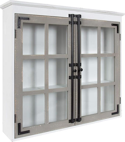 Kate and Laurel Hutchins Decorative Farmhouse Wood Wall Cabinet, 30 x 6.5 x 27.5, White and Gray, Wall Cabinet with Window Pane Glass Doors