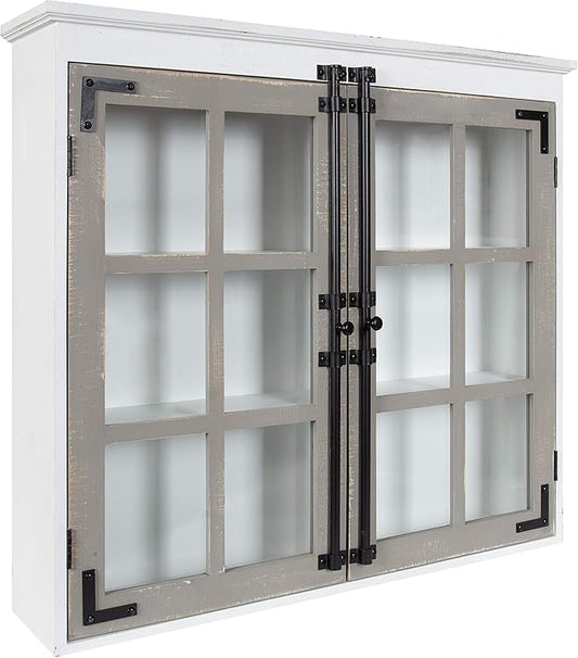 Kate and Laurel Hutchins Decorative Farmhouse Wood Wall Cabinet, 30 x 6.5 x 27.5, White and Gray, Wall Cabinet with Window Pane Glass Doors