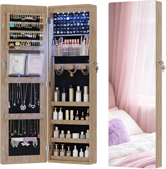 HNEBC Jewelry Cabinet with Lights,Wall Mounted Jewelry Organizer with Full-Length Mirror,Over The Door Hanging Jewelry Armoire Storage Cabinet,Lockable,Gift Idea-Brown
