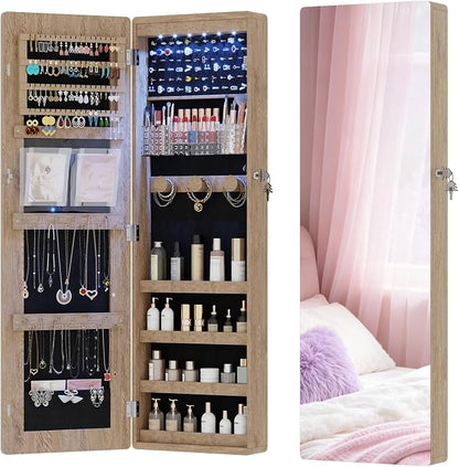 HNEBC Jewelry Cabinet with Lights,Wall Mounted Jewelry Organizer with Full-Length Mirror,Over The Door Hanging Jewelry Armoire Storage Cabinet,Lockable,Gift Idea-Brown