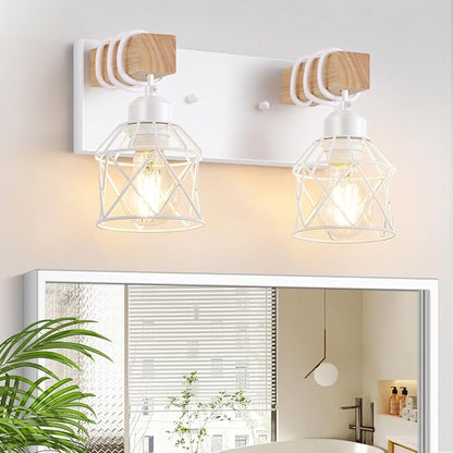 FadimiKoo 2-Light White Bathroom Light Fixtures, Wood Bathroom Vanity Lighting Fixtures Over Mirror, Rustic Sconces Wall Lighting with Elegant Metal Lampshade for Living Room, Bedroom, Hallway