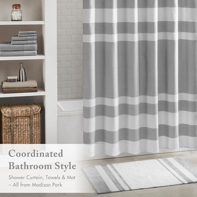 Madison Park Spa Cotton Bath Rug Non-Slip Absorbent Striped, 27 x 45, Grey | Quick Dry, Ultra Soft, Pile, Machine Washable, OEKO-TEX Certified