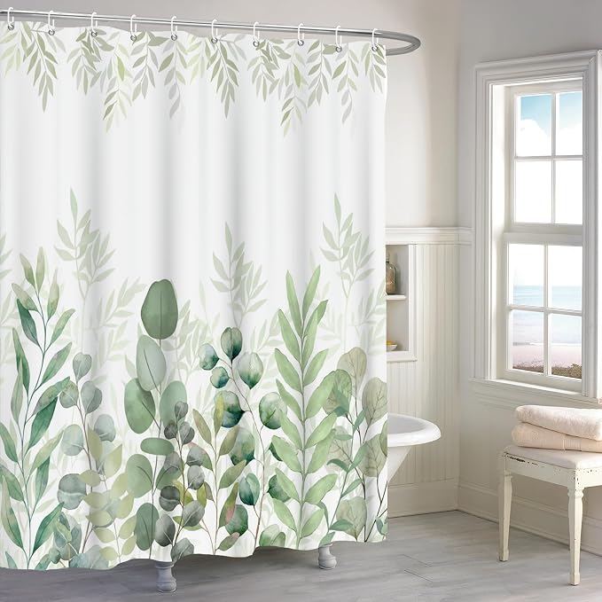 Green Eucalyptus Shower Curtain, Leaf Plant Herbs Spring Nature Waterproof Fabric Machine Washable with Hooks for Bathroom Bathtub 60Wx72H