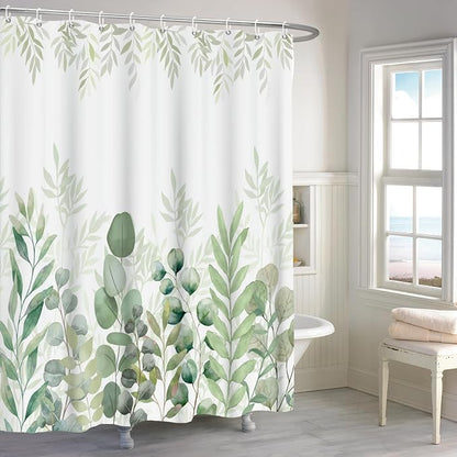 Green Eucalyptus Extra Long Shower Curtain, Leaf Plant Herbs Spring Nature Waterproof Fabric Machine Washable with Hooks for Bathroom Bathtub 72Wx84H