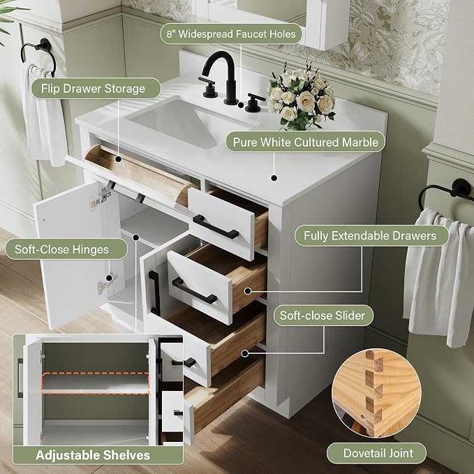 36-Inch Bathroom Vanity with Sink W/ 2 Doors & 4 Drawers & 1 Flip Drawer, White Vanity W/Matte Black Handles