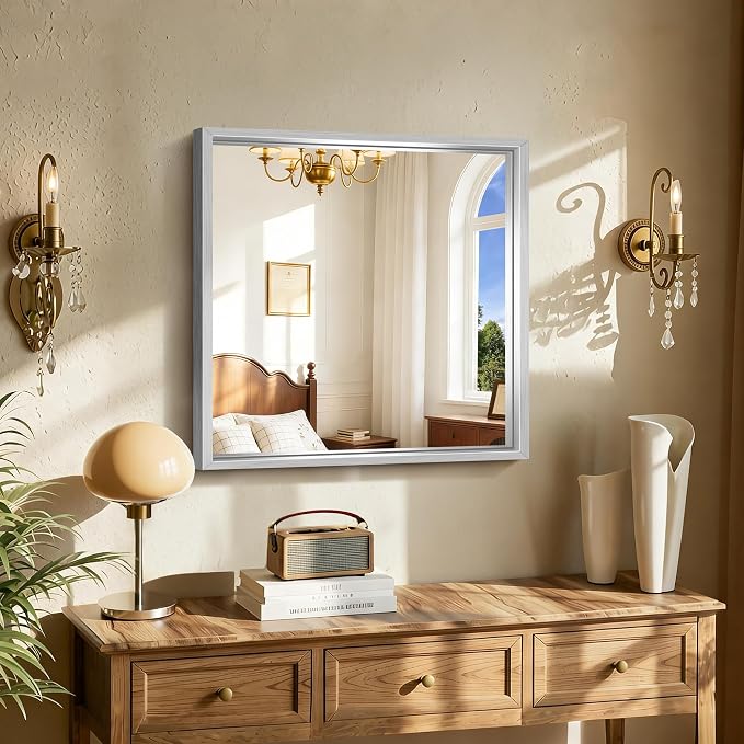 CIRCUMI 24"x24" Brushed Silver Bathroom Mirror, Square Mirror for Vanity | Chunky Box Metal Frame, Shatterproof, Tempered Glass, Bathroom Remodel&New Home,Wall Mirror for Over Sink,Living Room,Hallway
