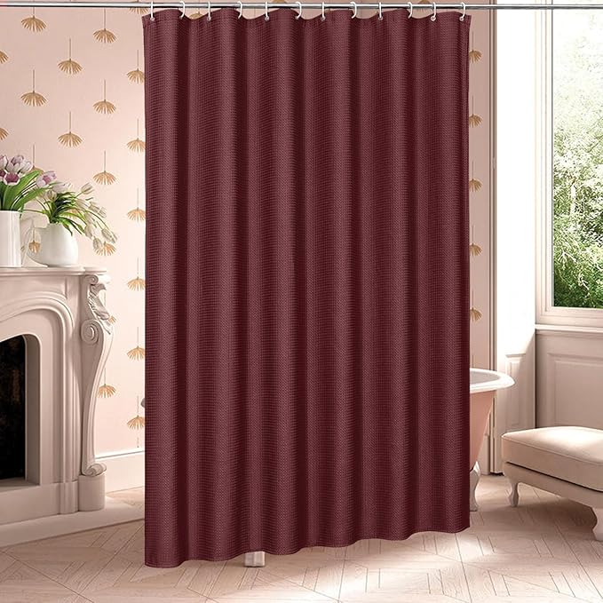 MitoVilla Burgundy Waffle Fabric Shower Curtain, Modern Waffle Weave Textured Shower Curtains for Luxury Bathroom Decor, Wine Red Heavy Bathroom Shower Curtain, 72 x 72
