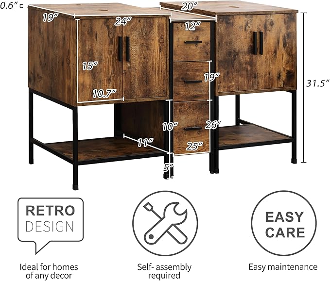 UEV Rustic Brown 60" Double Bathroom Vanity with Sink Combo,Industrial Iron Frame 2 Main Bathroom Vanity with Middle 3 Drawers Cabinet(Without Sink Combo)