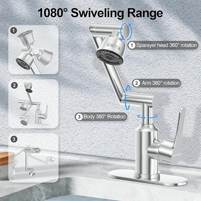 Stainless Steel Bathroom Sink Faucet, 1080° Rotatable, Silver | Fit 1 Hole Sink, 4 Water Outlet Modes, Three-stage Rotating Design, Flexible Adjustment, Anti-Rust, No Leakage, Single Handle