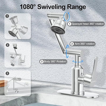 Stainless Steel Bathroom Sink Faucet, 1080° Rotatable, Silver | Fit 1 Hole Sink, 4 Water Outlet Modes, Three-stage Rotating Design, Flexible Adjustment, Anti-Rust, No Leakage, Single Handle