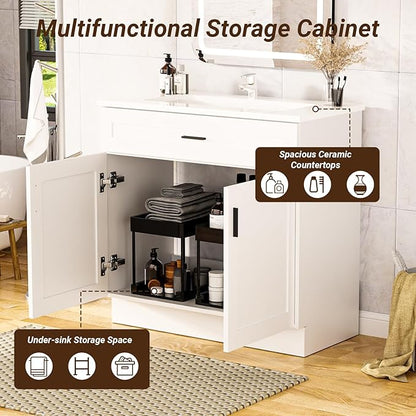 36 Inch Bathroom Vanity with Ceramic Sink, White Freestanding Double-Door Cabinet, Heavy-Duty & Easy-Clean